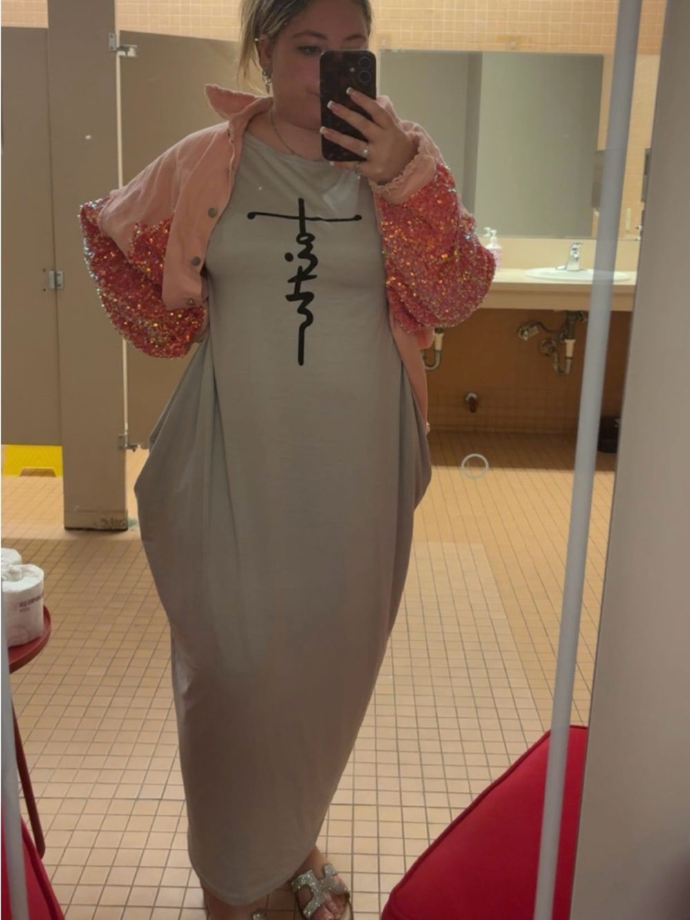 SHEIN Gray Graphic Maxi Dress with Casual Pockets